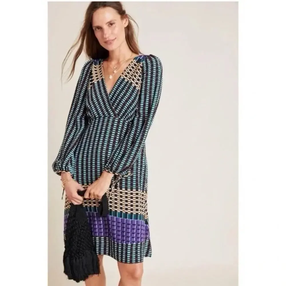 Maeve Anthropologie Gianna Tunic V Neck Geometric Print Dress Pockets 2 Petite - Picture 1 of 14